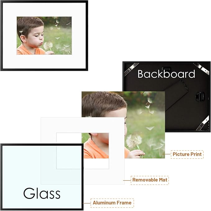 Frametory 2 Pack 8x10 Aluminum Frame with Mat for 5x7 Photo, Black