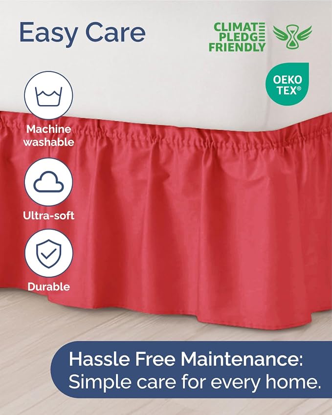 Wrap Around Dust Ruffle Bed Skirt, King Size Beds - Easy 15 Inch Drop, Red | Easy Fit Elastic Strap, Adjustable Pleated Bedskirt w/Brushed Fabric, Wrinkle & Fade Free, for Women, Men, Kids & Teens