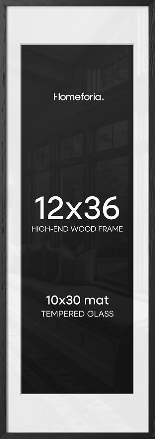 Homeforia 12x36 Black Oak Picture Frame, High-End Wood, 10x30 Mat, Glass