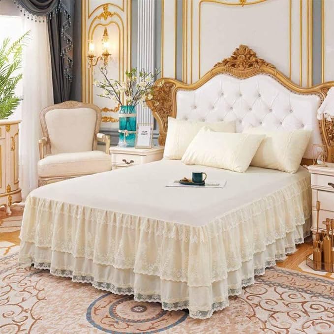 Double Lace Bed Skirt for King Bed - 17in. Drop, Easy Fit Ruffle Bedskirt Wrap Around Bed Skirt, Anti Wrinkle & Fade Resistant