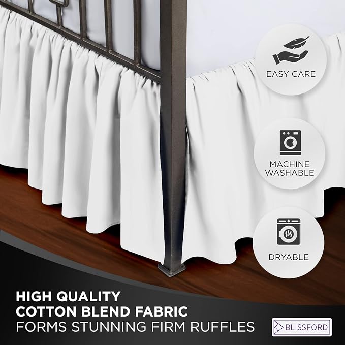BLISSFORD White Bed Skirt Twin Size 14 inch Drop - with Split Corners - Cotton Blend Ruffle Bed Skirt, Dust Ruffle with Platform, White Bedskirt, Machine Washable