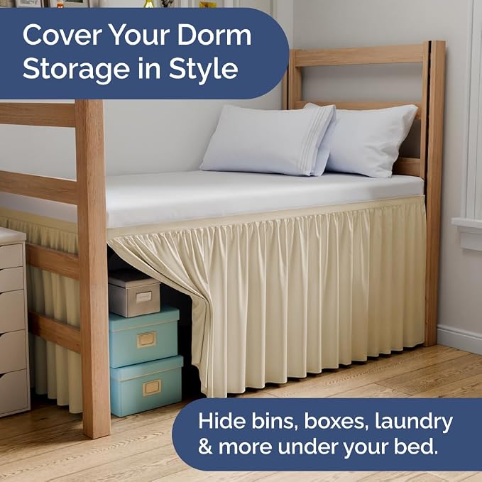 Dorm Room Bed Skirt Full XL - College Dorm Essentials - Off White, 32 Inch | Extra Long Dust Ruffled College Bedskirt with Split Corners, Easy Fit Elastic Strap, Adjustable, Fade & Wrinkle Free