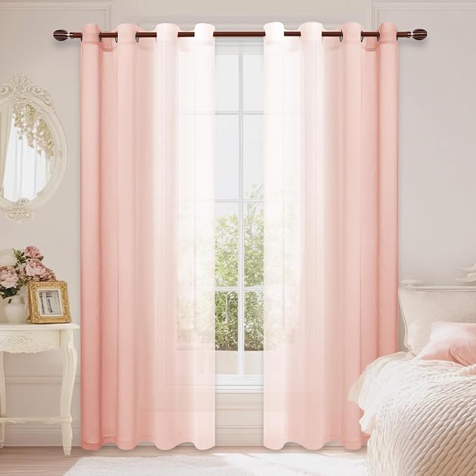 DWCN Ombre Faux Linen Sheer Curtains - Semi Voile Gradient Grommet Top Curtains for Bedroom and Living Room, 52 x 96 Inches Long, Set of 2 Window Curtain Panels, Blush