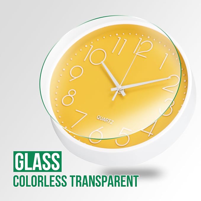 Wall Clock Non-Ticking Silent Modern Simple Style Round Decor Clock Stereoscopic Dial Quartz Wall Clocks for Home/Office/School/Living Room/Bedroom/Kitchen (Yellow, 12inch)