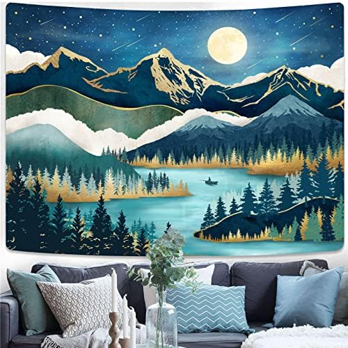 Accnicc Mountain Tapestry Nature Forest Tree Tapestries for Bedroom Aesthetic Starry Night Moon Stars Tapestrys Wall Hanging Teal Abstract Wall Tapestry for Dorm Living Room (Teal, 48'' × 36'')