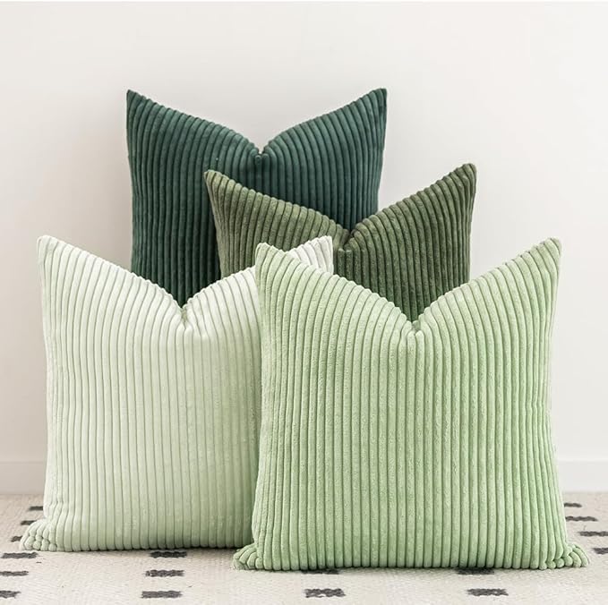 LANANAS Decorative Corduroy Throw Pillow Covers 18x18 Inch Forest Green | Set of 4 Neutral Couch Farmhouse Boho Throw Pillows for Living Room, Couch, Bed, Sofa Soft Accent Home Decor