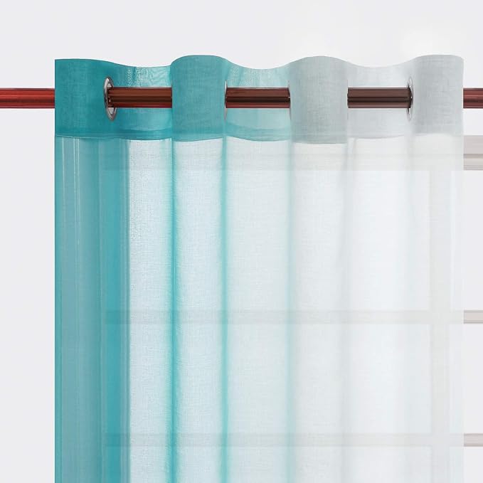 DWCN Teal Ombre Sheer Curtains Faux Linen Gradient Semi Voile Grommet Top Bedroom and Living Room Curtains, Set of 2 Window Curtain Panels, 52 x 84 Inches Long