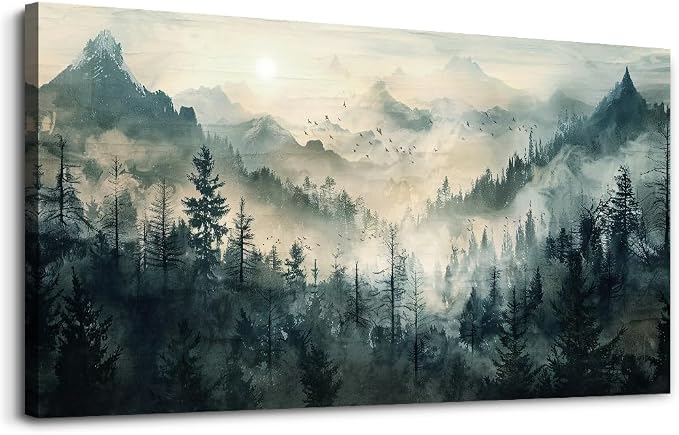 KELIYUAN Misty Forest Wall Art Home Decor Mountain View Large Canvas Wall Painting Nature Landscape Painting For Living Room Bedroom Office Modern Printed Artwork Can Be Hung Directly 24x48 Inches