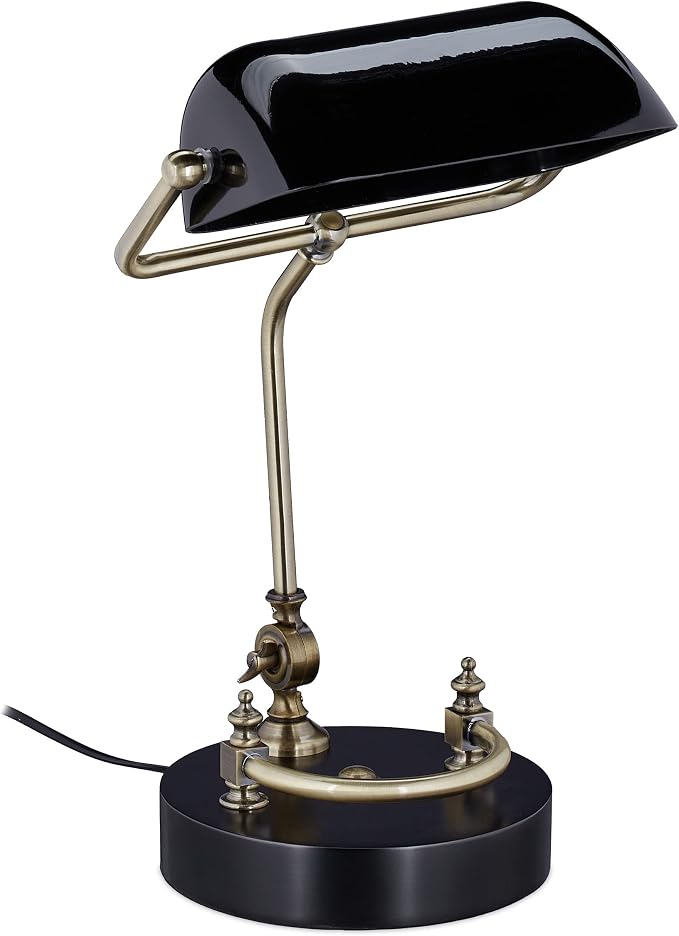 Relaxdays Vintage Table Lamp, Tilting Glass Lampshade, Wooden Base, E27, Library Desk, Black