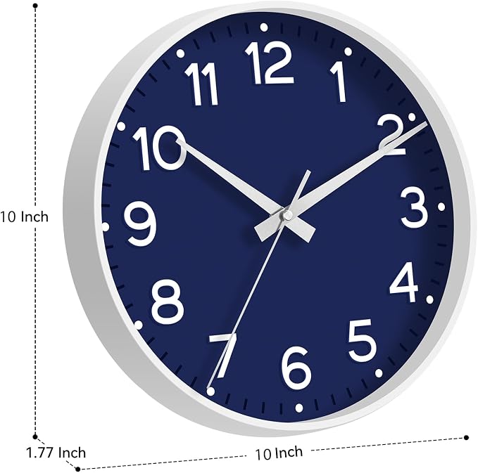 Roymnie 10 Inch Wall Clock Battery Operated Silent Non Ticking Analog | Navy Blue modern analog; large 3D easy-read dial for kitchen, office, bathroom & bedroom; 1 AA battery (not included)