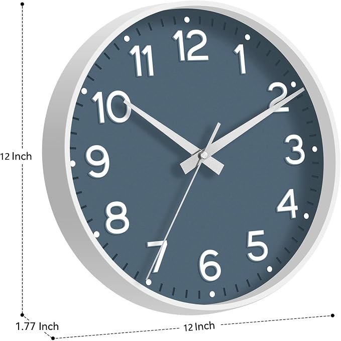 Roymnie 12 Inch Wall Clock Battery Operated Silent Non Ticking Analog | Azure Blue modern analog; large 3D easy-read dial for kitchen, office, bathroom & bedroom; 1 AA battery (not included)