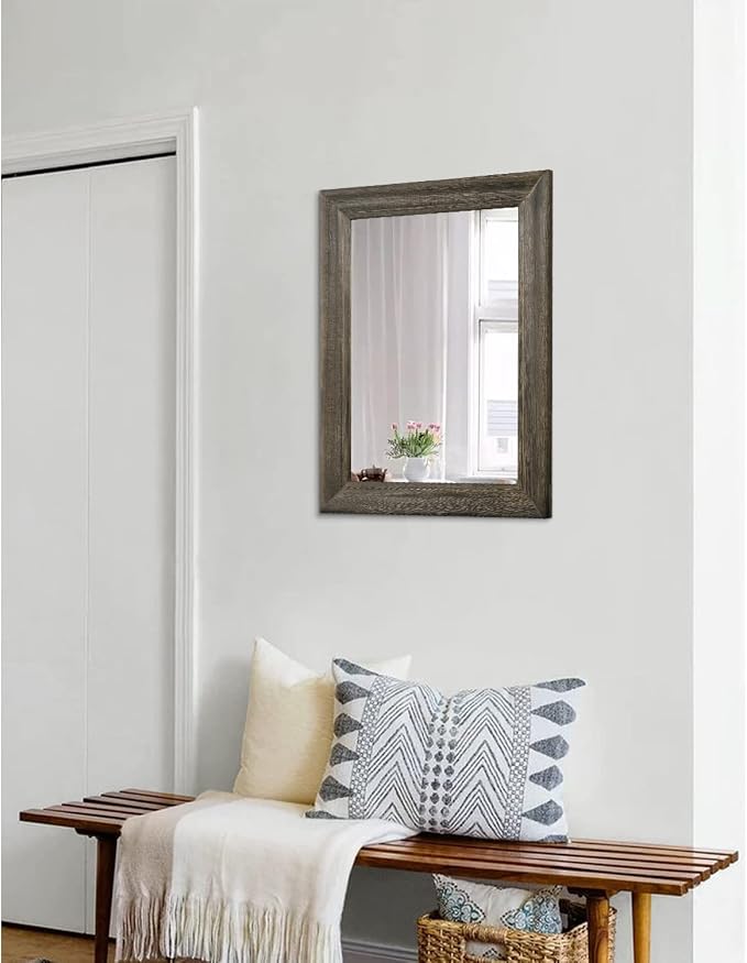 Retro Wall Mirror with Wood Framed Large Rectangle Hanging Mirrors 20"x16" Decorative for Bathroom Bedroom Living Room