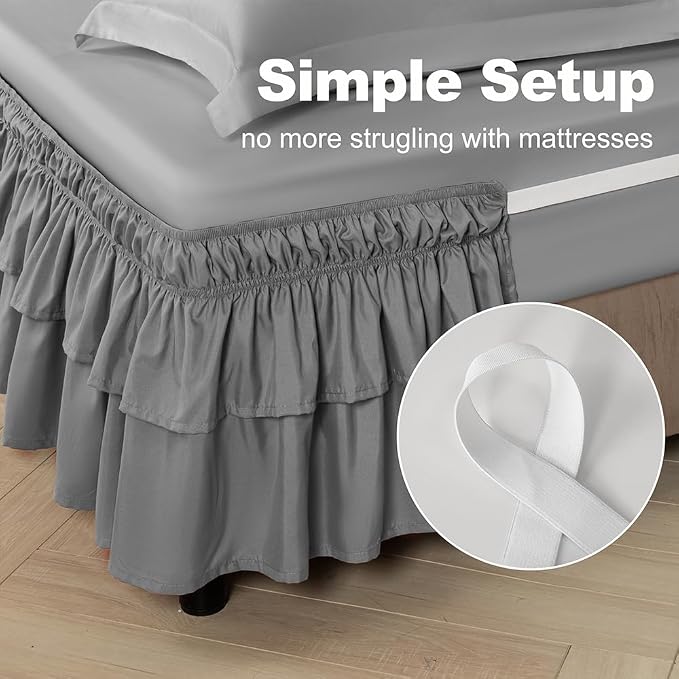 Double-Layered Ruffled Bed Skirt,Dark Gray,King/Cal King, 14" Drop | Wrap Around, Adjustable Elastic, 2 Layer, Machine Washable Soft Fabric, Multi Ruffle Bedskirt