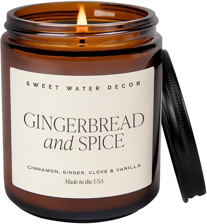 Sweet Water Decor Gingerbread & Spice Christmas Candle, 9oz Amber Jar | Cinnamon, Ginger, Clove & Vanilla Scented Candle for Home, Made in USA, 40+ Hour Burn Time, Secret Santa Christmas Gift