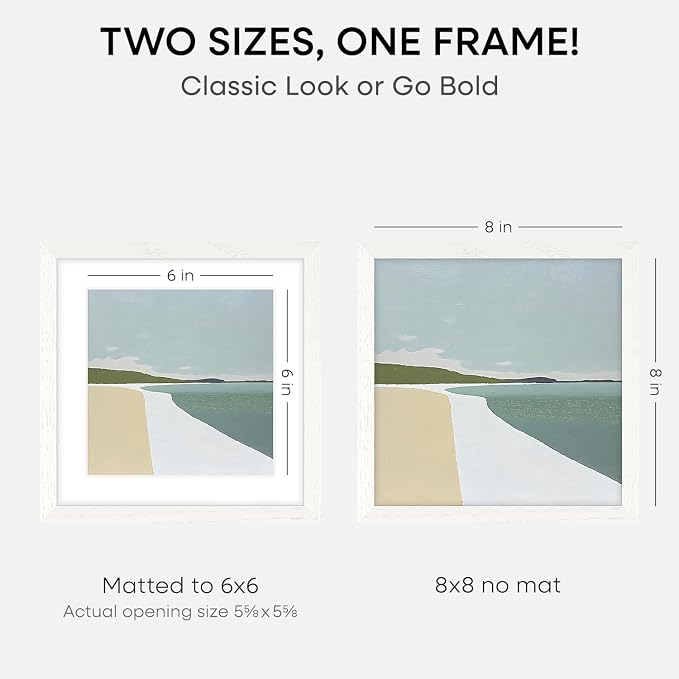 Homeforia 8x8 White Oak Picture Frame, High-End Wood, 6x6 Mat, Glass
