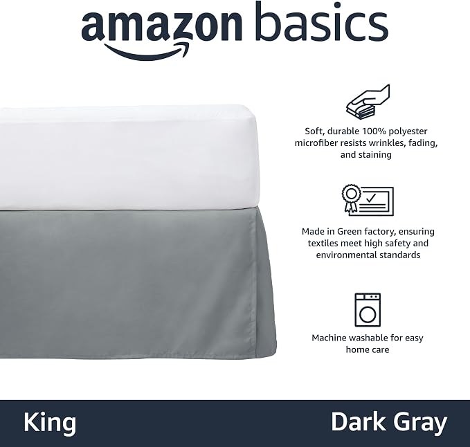 Amazon Basics Lightweight Pleated Bed Skirt, Machine Washable, Wrinkle Resistant, 100% Polyester, King, Dark Grey