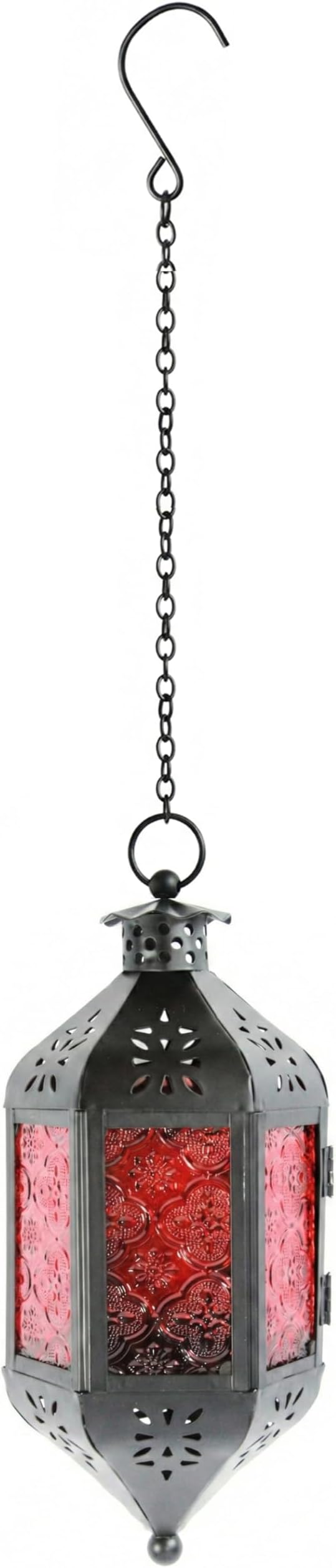 Vela Lanterns Hanging Moroccan Lamp - Exotic Decorative Patio & Porch Decor, Indoor Outdoor Tea Light Candle Lantern Holder with Chain (11" Medium, Red Glass)