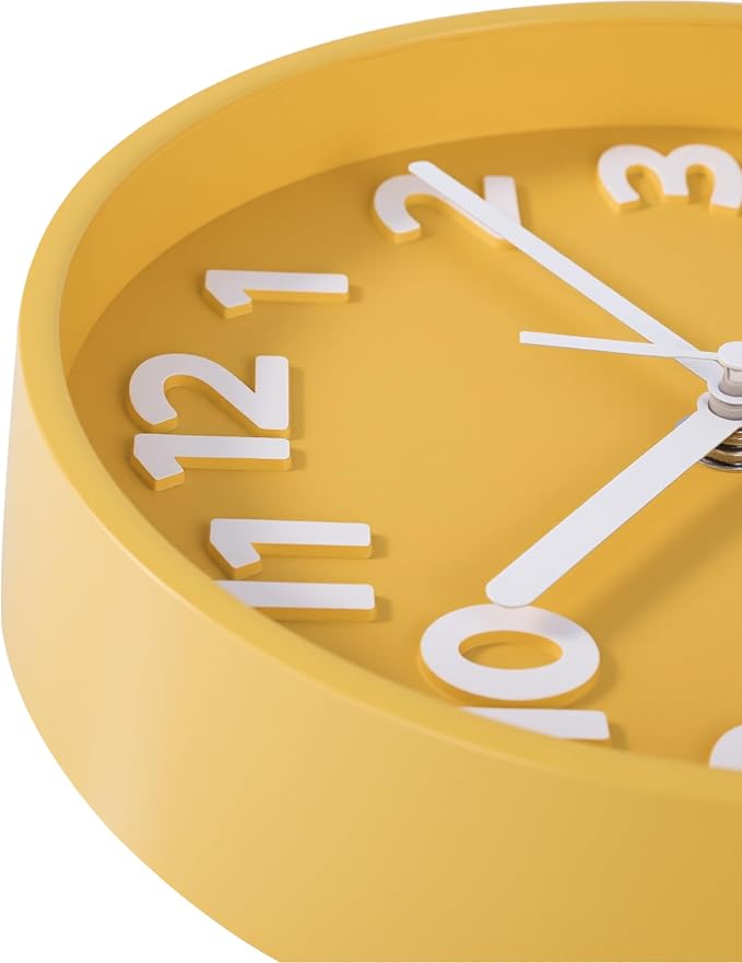 JENLYSTIME 8 Inch Vibrant Yellow Modern Wall Clock – Silent Non-Ticking, Bold 3D Numbers, Precise Quartz Movement | Decorative Desk & Wall Clock with Stand for Home, Kitchen, Bedroom, or Office