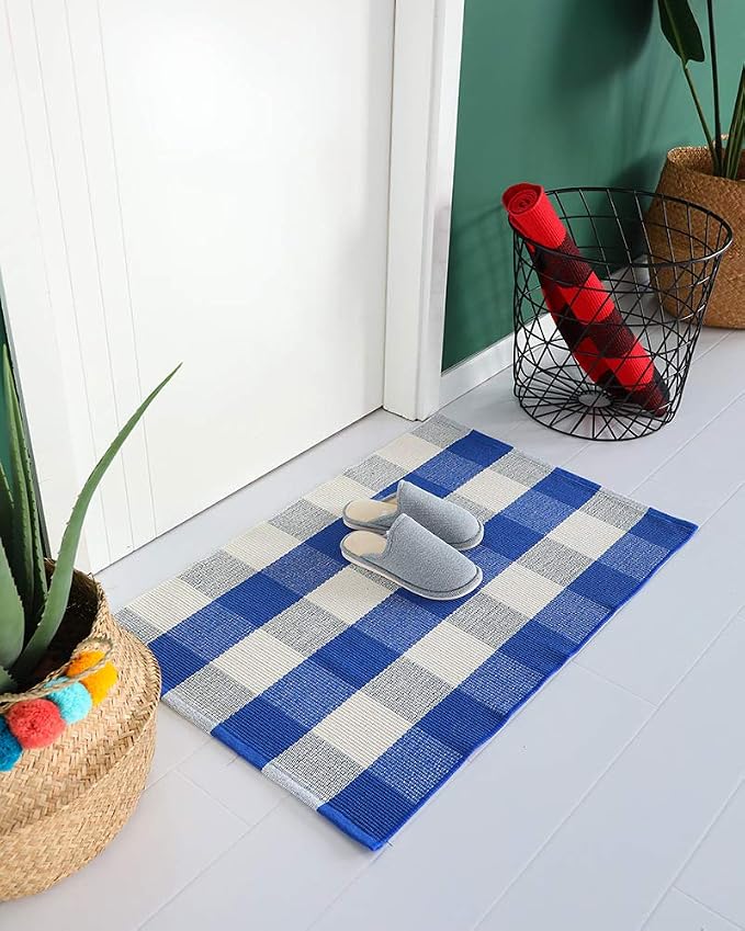 Ukeler Farmhouse Area Rugs 24''x51.2''- Cotton Hand-Woven Buffalo Plaid Outdoor Rug/Kitchen Rugs/Bathroom Rug/Laundry Room Rug, Front Porch Décor