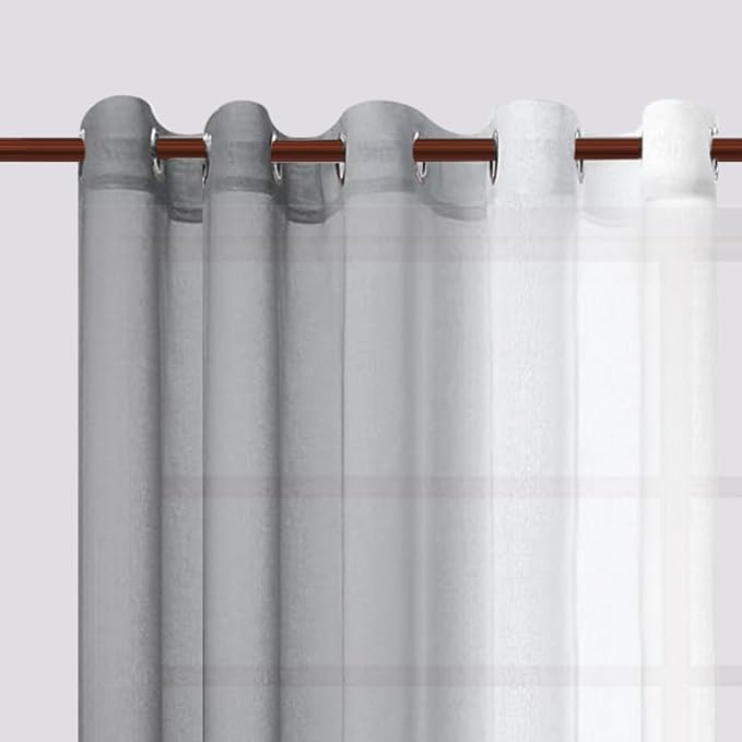 DWCN Grey Ombre Faux Linen Short Sheer Curtains - Extra Wide Gradient Semi Voile Light Filtering Grommet Top Bedroom and Living Room Curtains, 60 x 84 Inches Long, Set of 2 Window Curtain Panels