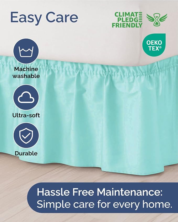 Wrap Around Dust Ruffle Bed Skirt, Full Size Beds - 15 Inch Drop, Spa Blue | Easy Fit Elastic Strap, Adjustable Pleated Bedskirt w/Brushed Fabric, Wrinkle & Fade Free, for Women, Men, Kids & Teens
