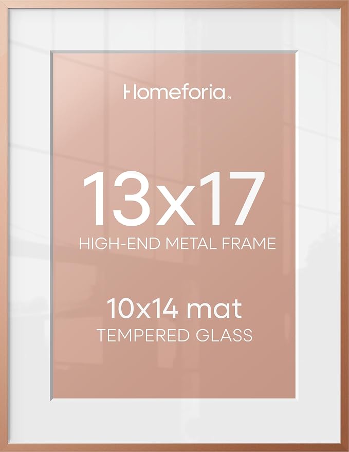 Homeforia 13x17 Rose Picture Frame, High-End Metal, 10x14 Mat, Glass