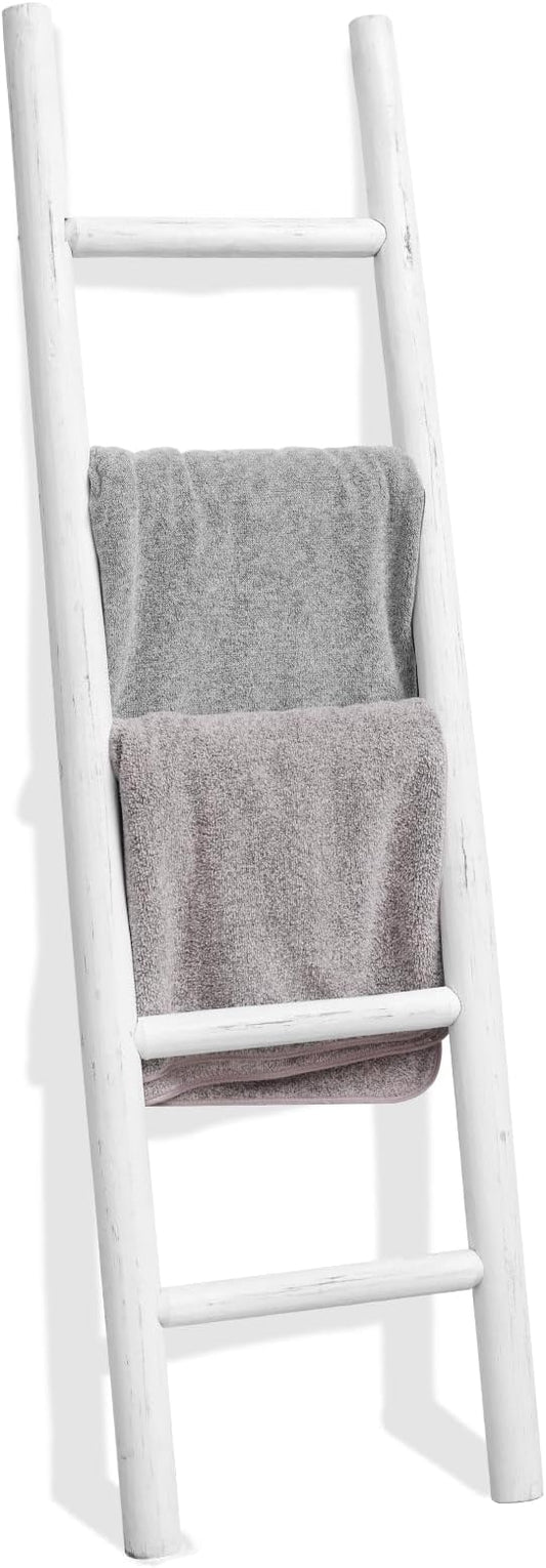 FUIN Blanket Ladder, 57in Rustic Solid Wood Decorative Ladder, White | Farmhouse living room accent, Layered blanket towel quilt display, Visible wood grain, Bathroom and Bedroom use