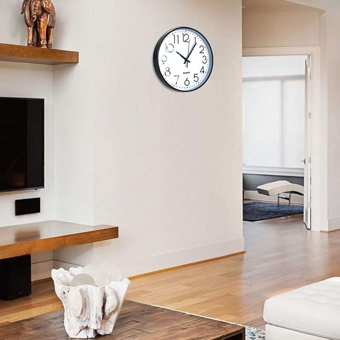 Tosnail 12 Inch Large Non Ticking Wall Clock, Round Silent Battery Operated Wall Clock for Living Room, Bathroom, Bedroom, Kitchen, Office Wall Decor - Modern Black Frame