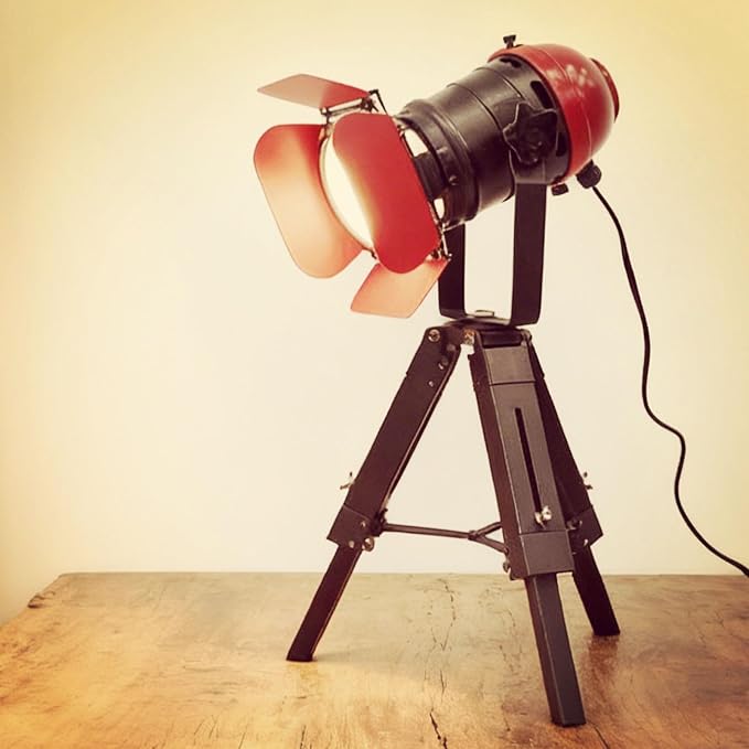 Vintage Black w/Red Retro Tripod Adjustable Table lamp,Nautical Teatre Retro Spotlight,Industrial Decor Wooden Light Fixtures,Cinema Movie Props for Living Room Bedroom Office bar Lighting