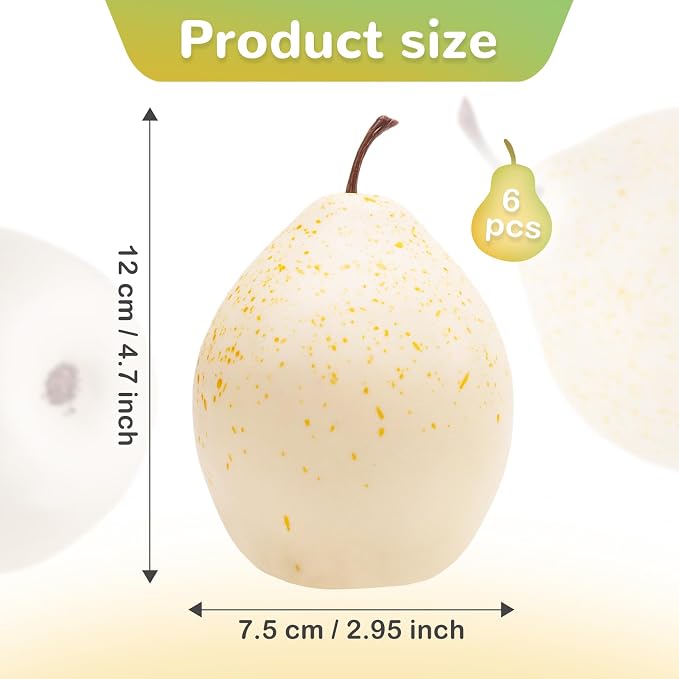 6 Pack Artificial White Pears, Fake Fruit for Fruit Bowl Decor