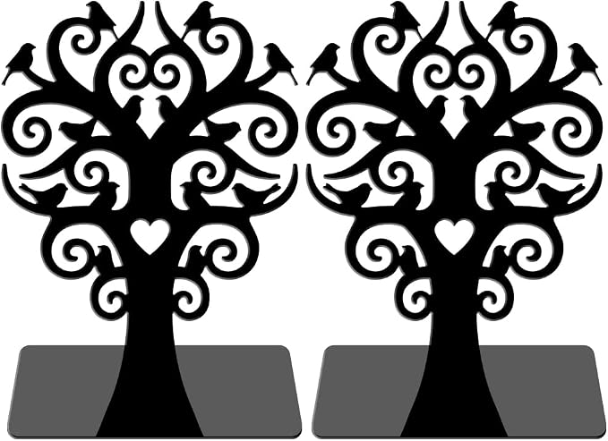 WADORN 1 Pair Branches Bird Metal Decorative Bookend for Shelves, Heavy Duty Book Ends Modern Non-Skid Books Holder Stand Black Book Support Stoppers for Desk Bookshelf Office Home, 5.3x4.3x7.9 Inch
