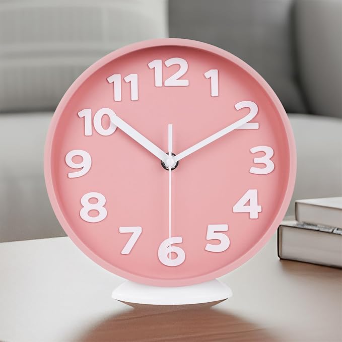 JENLYSTIME 8 Inch Vibrant Pink Modern Wall Clock – Silent Non-Ticking, Bold 3D Numbers, Precise Quartz Movement | Decorative Desk & Wall Clock with Stand for Home, Kitchen, Bedroom, or Office