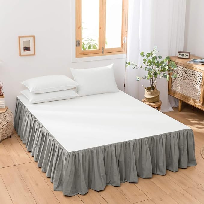 BISELINA French Linen Bed Skirt with Pleated Frills 14-Inch Tailored Drop Natural Flax Cotton Blend Dust Ruffle Soft Cozy Farmhouse Bedding (14" Full, Grey)