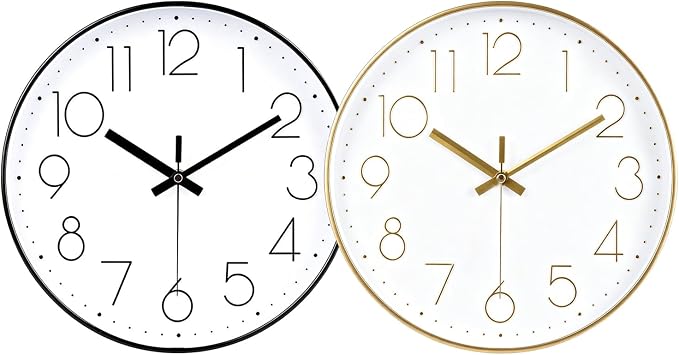 2 Pack Black&Gold Wall Clock 12 Inch Silent Wall Clocks Battery Operated | Home Office Kitchen School