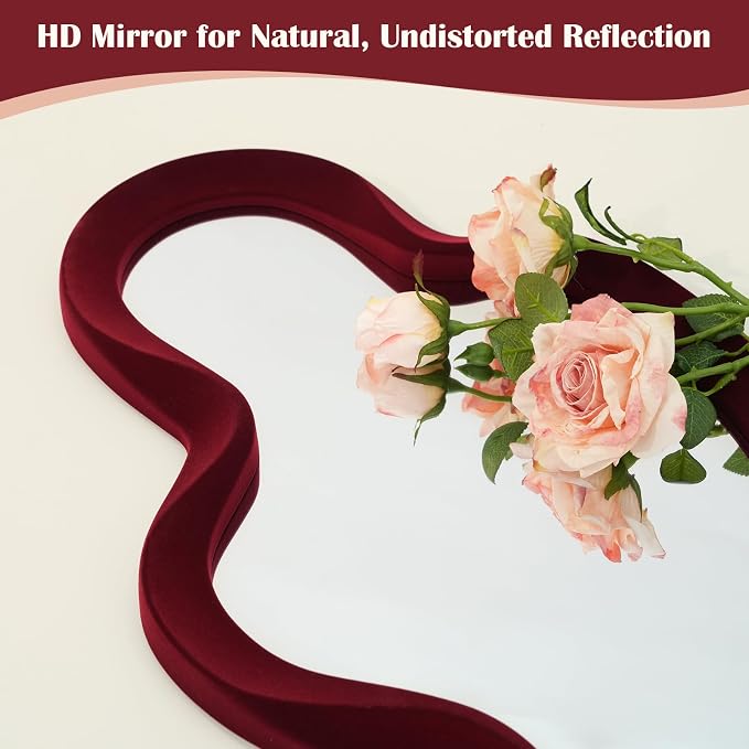 Mirror Wall Decor for Retro Living Room Bedroom,13.8x29.7,Wine Red | Soft Flocking Touch,Asymmetrical Decorative Mirror for Entry Porch Staircase,Retro Modern Hanging Wall Art Gift for Wedding