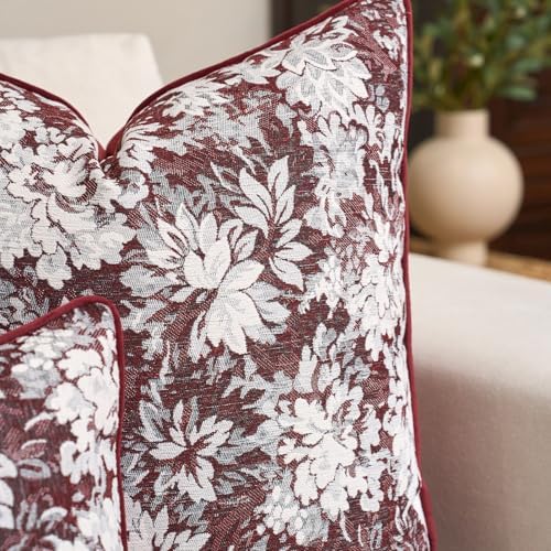 Alerfa Burgundy Neutral Floral Pillow Cover 12 x 20 Inch, Vintage Chenille Rectangle Couch Pillow Cover Soft Decorative Farmhouse Accent Pillowcase for Living Room Bedroom