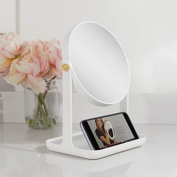 Zadro 7" Round Makeup Organizer with Mirror, 5X/1X Magnifying Mirror, Phone Holder & Accessory Tray, 360-Degree Swivel, Made in USA