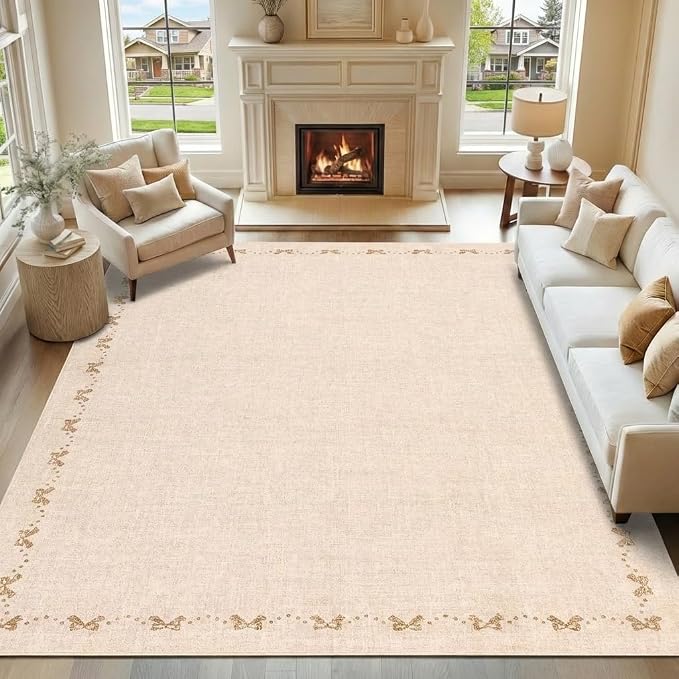 COZYLOOM 9x12 Area Rugs for Living Room Modern Bow Border Rug with Non Slip Backing, Non Shedding Low Pile Washable Rug Stain Resistant Foldable Mats for Dining Room, Bedroom, Office, Beige