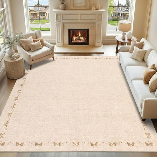 COZYLOOM 10x14 Area Rugs for Living Room Modern Bow Border Rug with Non Slip Backing, Non Shedding Low Pile Washable Rug Stain Resistant Foldable Mats for Dining Room, Bedroom, Office, Beige