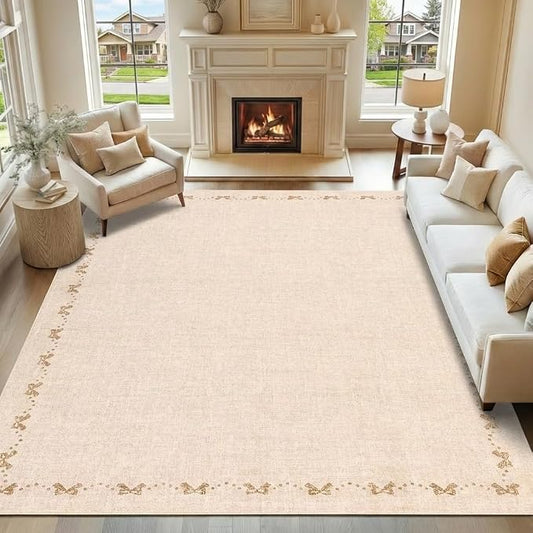 COZYLOOM 8x10 Area Rugs for Living Room Modern Bow Border Rug with Non Slip Backing, Non Shedding Low Pile Washable Rug Stain Resistant Foldable Mats for Dining Room, Bedroom, Office, Beige