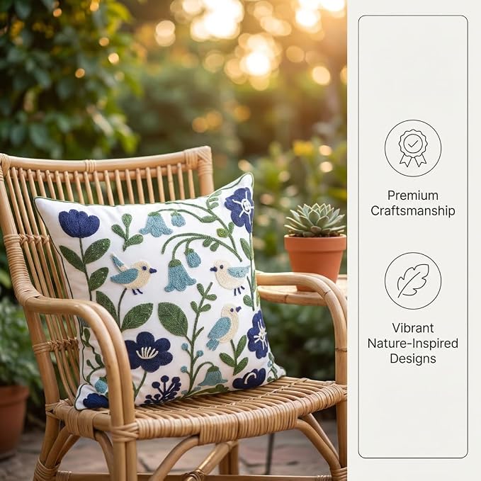 YIcabinet Pack of 2 Throw Pillow Covers, Embroidered Bird Flowers Pattern Throw Pillow Cover,Square Cotton Cushion,Pillow Case for Sofa Bedroom Couch,18"x18"