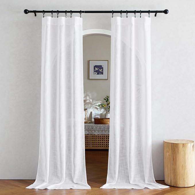 NICETOWN White Doorway Curtains 80 inches Long, Rod Pocket & Back Tab Semi Sheer Faux Linen Privacy with Light Filtering Window Treatments for Bedroom/Living Room, 2 Panels, W34 x L80