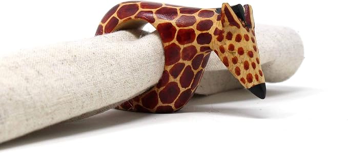 Global Crafts KWF012_G - Giraffe Wooden Napkin Rings - Handcarved Mahogany, Set of 6