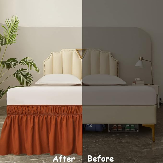 MEILA Wrap Around Elastic Bed Skirt for Twin & Full Beds, 18" Drop, Caramel | Three-Side Adjustable Elastic Dust Ruffle, Ruffled Polyester Fabric, Easy to Install, Fade Resistant & Machine Washable