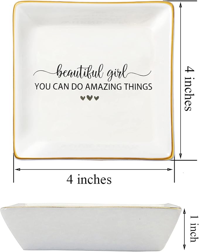 JoycuFF Inspirational Birthday Gifts for Teen Teenage Girls, Christmas Graduation Ceramic Trinket Dish Tray Jewelry Ring Holder Motivational Gifts Trendy Stuff for Best Friends Sister Daughter Niece