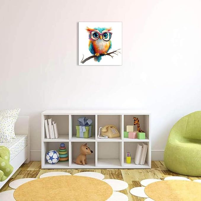 Ypxzzj Cute Owl with Glasses Canvas Wall Art,Colorful Owl Decor Wall Art Pictures Painting Poster Artwork for Children's room Bedroom Living room Decor Framed Ready to Hang