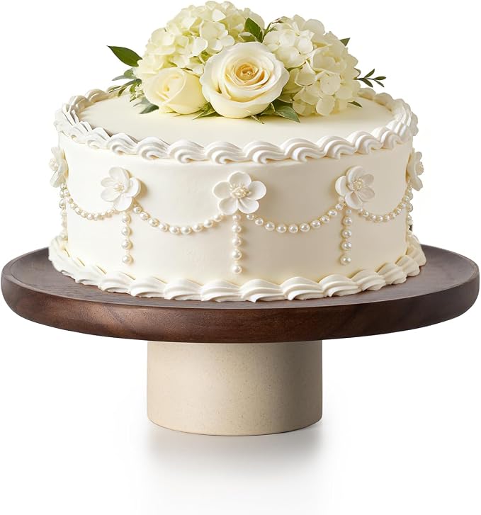 CEEFU 11 inch Rustic Acacia Wood Cake Stand Wedding Dessert Display | Natural Wooden Clay, Farmhouse Serving Stand for Cupcake Dessert Bites Display in Party, Birthday, Beautiful Kitchen Decor