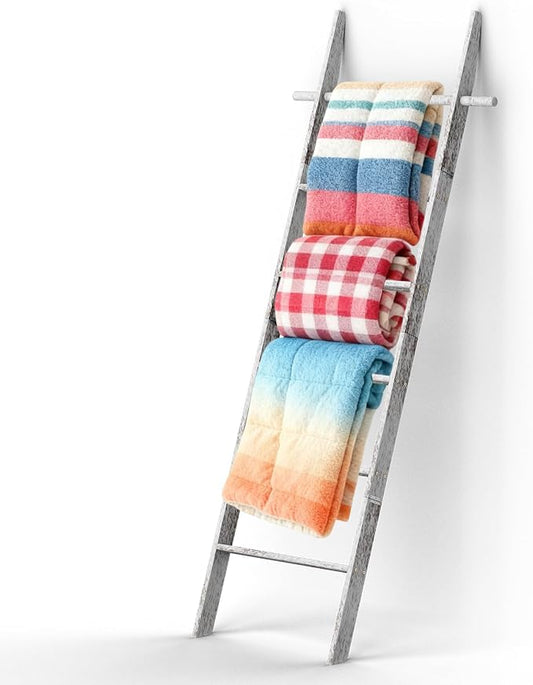 Farmhouse Wooden Blanket Ladder Living Room White 6-Tier | Blanket Rack Decorative Stand with Removable Hooks, Leaning Towel Quilt Rack Holder