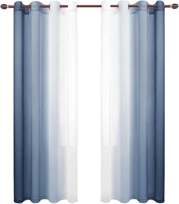 DWCN Blue Ombre Faux Linen Sheer Curtains - Extra Long Gradient Semi Voile Grommet Top Bedroom and Living Room Curtains, 52 x 102 Inches Long, Set of 2 Window Curtain Panels, Denim Blue