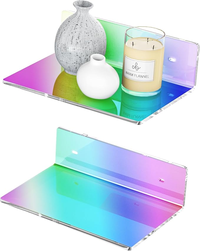 Sezanrpt 9 Inches Iridescent Floating Shelves Acrylic, White Wall Shelves for Living Room Décor, Bedroom, Bathroom, Kitchen, Dining Room, Brand Store, Retails, Gaming Room, 2 Pack